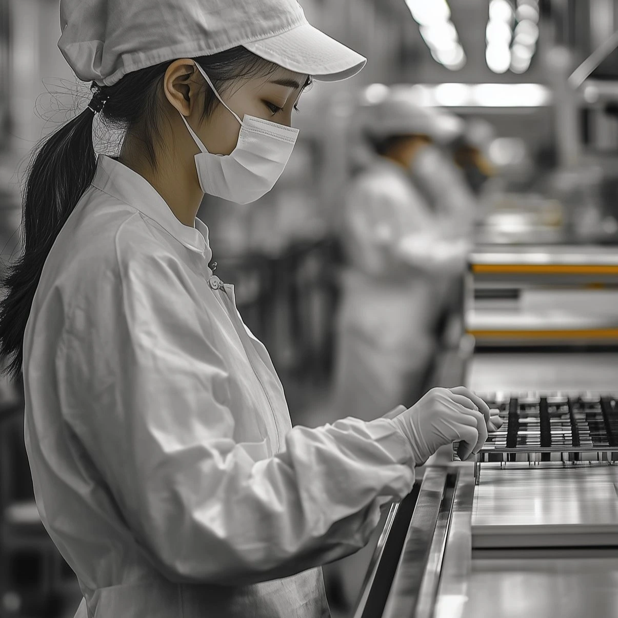 quality control jeune femme en blouse blanche qui control des produits